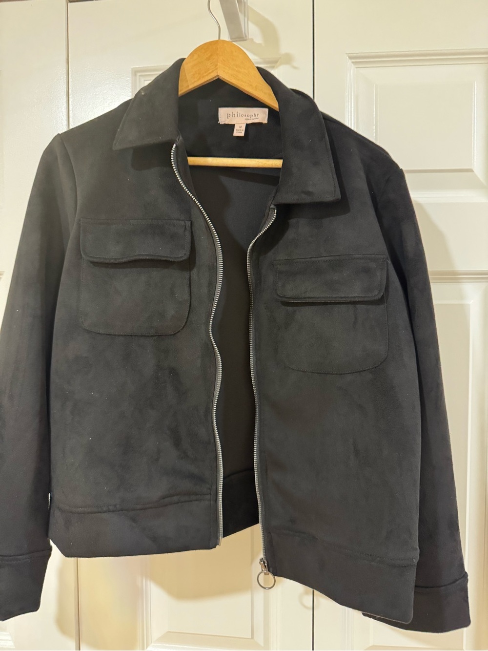 Philosophy Black Suede Bomber Jacket with Chest Flaps